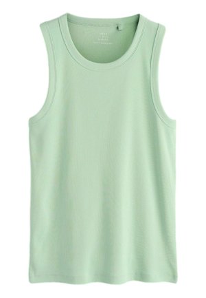 Top sin mangas acanalado en verde claro con cuello redondo, hecho de tela suave y elástica.