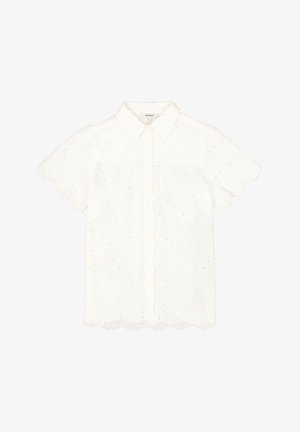 Weißes kurzärmeliges Bluse mit gewelltem Saum, besticktem Blumenmuster und Knopfleiste. Leichter, texturierter Stoff mit subtilen Verzierungen.