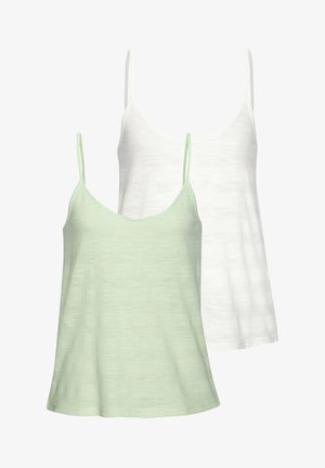 Deux débardeurs : un en vert doux et un en blanc. Tous deux présentent des fines bretelles réglables, une coupe ample et un tissu léger et texturé.