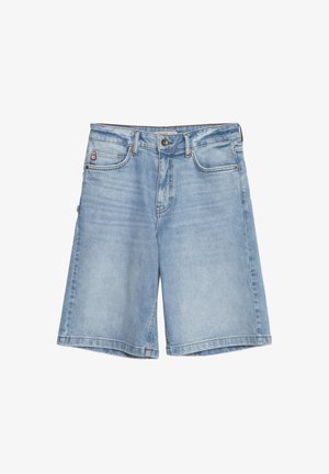 Gai zilu džinsu šorti ar taisnas kājas dizainu, ar pogu aizdari, piecām kabatām un kontrastējošām šuvēm.