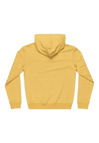 Sudadera amarilla de algodón con mangas largas, capucha con cordón y dobladillo y puños acanalados. Textura suave sin patrones visibles.