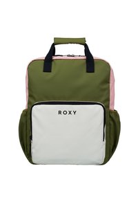 Green and pink fabric backpack with a white front pocket, zipper closure, top handles, and "ROXY" logo on the front.