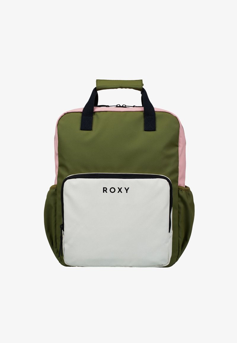 Green and pink fabric backpack with a white front pocket, zipper closure, top handles, and "ROXY" logo on the front.