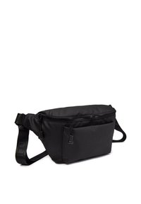 Marsupio nero con una finitura in tessuto liscio, dotato di un compartimento principale con zipper, una tracolla regolabile e una piccola tasca esterna.