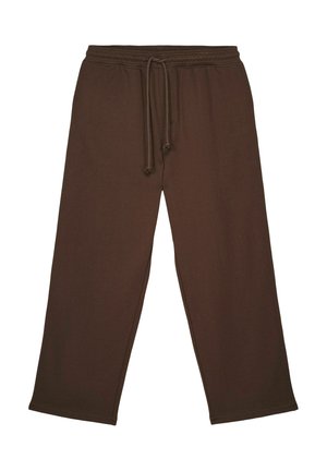 Bruine wijde broek met elastische tailleband en koord aan de voorkant, gemaakt van zachte stof voor casual gebruik.