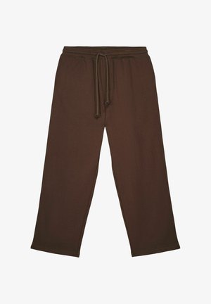 Brązowe spodnie o szerokich nogawkach z elastycznym pasem i przednim sznurkiem, wykonane z miękkiego materiału do codziennego noszenia.
