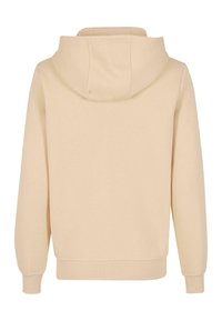 Sudadera con capucha en beige claro, con una textura suave, puños y bajo acanalados, y un corte clásico con costura centrada en la parte posterior.