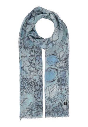 Light blue scarf with black floral and fruit patterns, lightweight fabric, and frayed edges, folded in a loop shape.