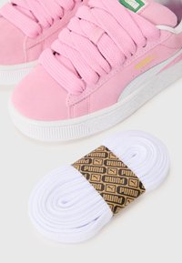 Sneakers in suede rosa con punte arrotondate, lacci spessi, suole in gomma bianca e un logo verde. Lacci di ricambio bianchi confezionati con etichetta del marchio.