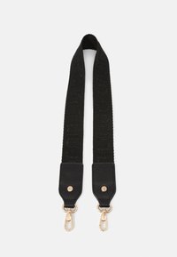 Czarny pasek z wytłoczonym tekstem, z teksturowanymi skórzanymi końcami. Metalowe okucia z klipsami na obu końcach do mocowania.