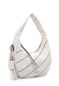 Witte suède hobo tas met diagonale zwarte strepen, een rits bovenkant en een decoratieve kwast. Beschikt over een gebogen handvat en logo detail.