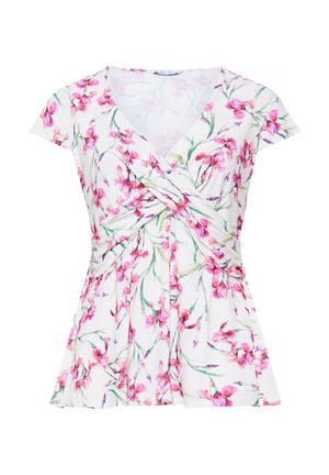 Hvid bluse med korte ærmer, lyserødt blomsterprint og vridningsdetalje foran, med V-hals og udvidet kant nederst.