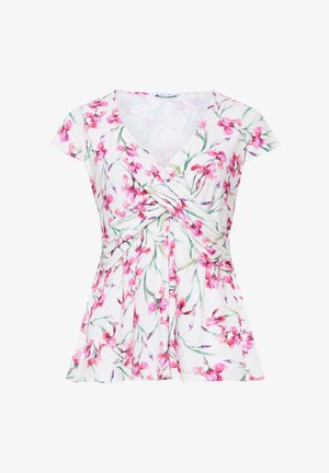 Blouse blanche à manches courtes avec imprimé floral rose et détail torsadé à l'avant, dotée d'un col en V et d'un ourlet évasé.