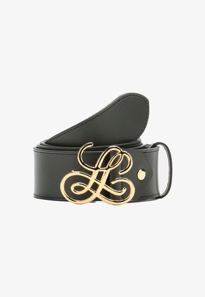 Ceinture en cuir noir enroulée avec une boucle ornée dorée présentant des lettres cursives entrelacées "H" et "L".