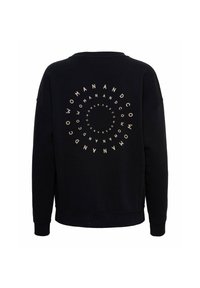 Zwarte sweatshirt met een spiraaltext ontwerp in lichtbeige, gemaakt van zachte stof met geribde manchetten en zoom. Klassiek ronde hals stijl.