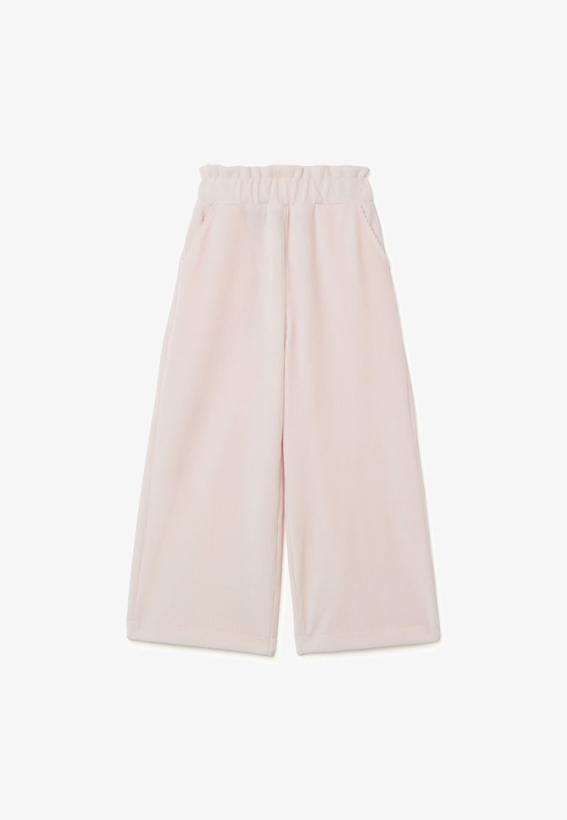 Helle pink Corduroy-Hosen mit weitem Bein, elastischem Bund und seitlichen Taschen, ausgestattet mit einer weichen Textur und geripptem Muster.