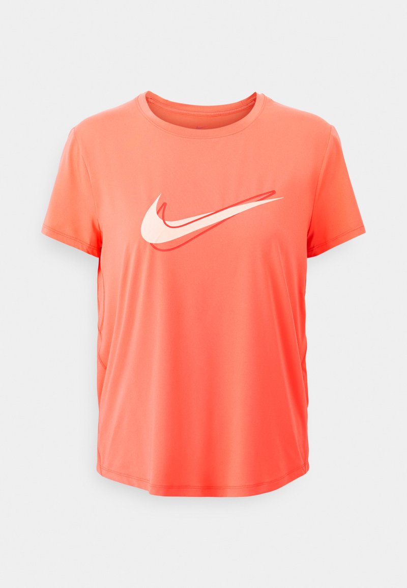 Korte mouwen sport T-shirt in helder koraal met een wit Nike-logo. Gemaakt van glad, lichtgewicht materiaal met een ronde hals.