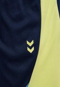 Kortärmad sporttop med paneler i marinblått och ljusgult, med en texturerad tyg och en gul chevronslogga på den marinblå sidan.