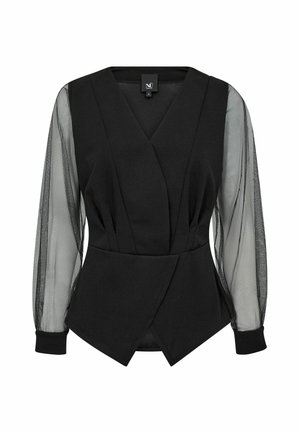 Black top with a V-neckline, structured bodice, and sheer, long sleeves. Features a fitted waist and an asymmetrical hem.