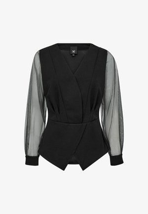 Czarna bluzka z dekoltem w kształcie litery V, usztywnioną gorsetą i przezroczystymi, długimi rękawami. Posiada dopasowaną talię i asymetryczny dół.