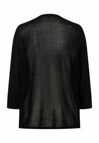 Zwarte, lichte gebreide oversized trui met een losse pasvorm, driekwart mouwen en een open geweven textuur.