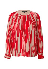 Blouse à manches longues avec encolure ronde et plis, avec un motif rayé vertical abstrait rouge et beige audacieux.