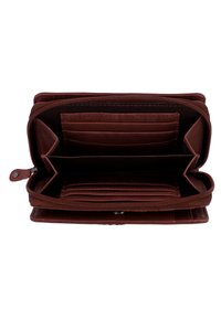 Brown leather wallet with zip closure. Interior has multiple card slots, two bill compartments, and a smooth fabric lining.