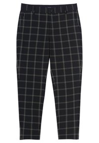 Černé kostkované kalhoty s mřížkovým vzorem v bílé a světle zelené barvě. Mají zapínání na knoflíky, boční kapsy a střih na míru.