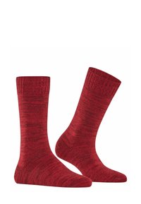 Calze rosse lavorate a maglia con un bordo a coste, caratterizzate da un motivo testurizzato grigio e rosso in tutto il tessuto. Adatte per un uso casual o all'aperto.