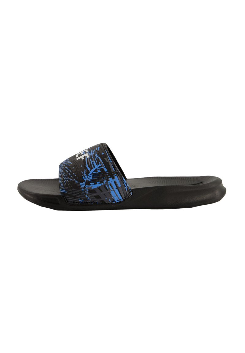 Black sandal with a patterned blue strap and a smooth sole. Features a wide upper for easy wear and a lightweight design.