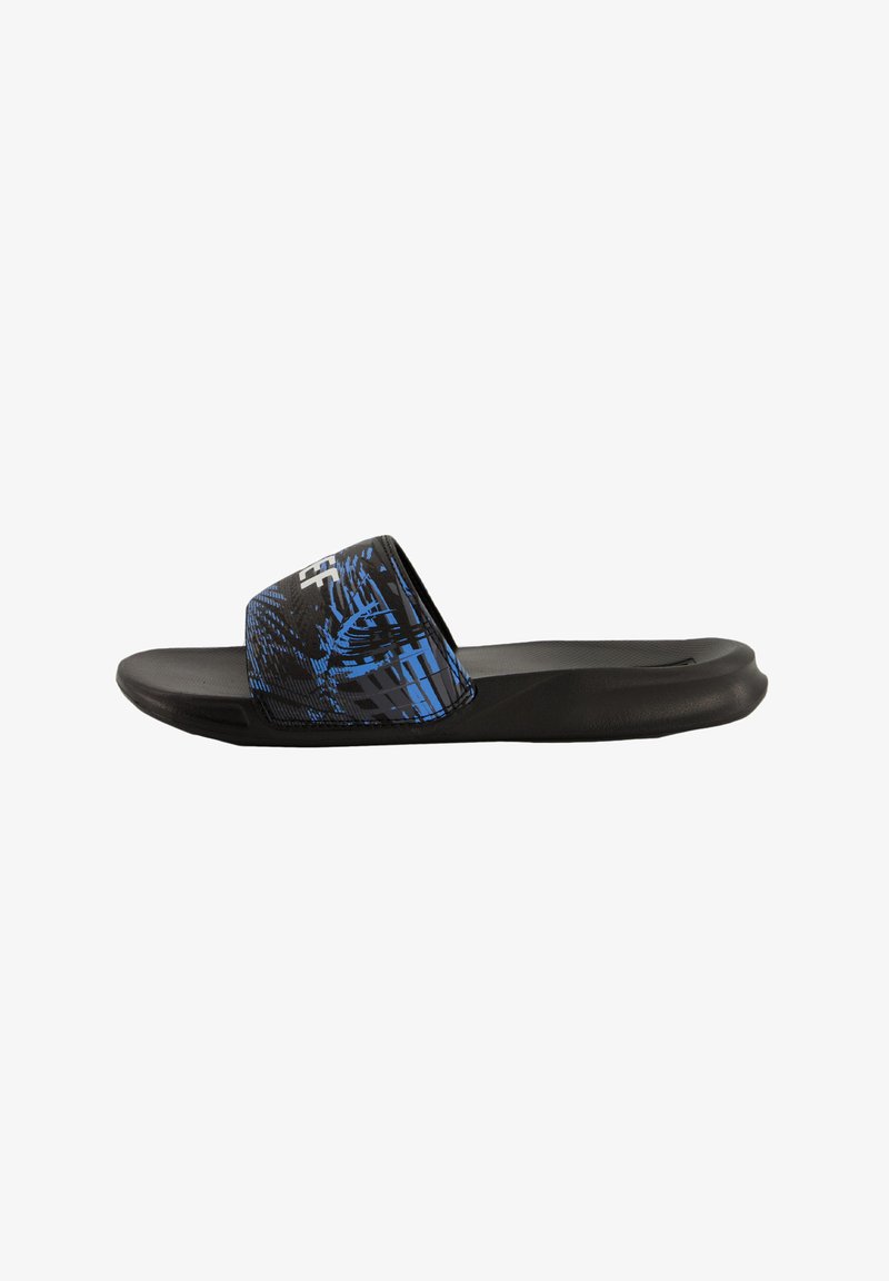 Black sandal with a patterned blue strap and a smooth sole. Features a wide upper for easy wear and a lightweight design.