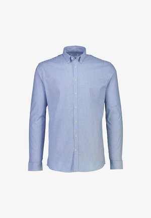 Camisa de hombre de manga larga con botones, rayas verticales azules y blancas, puños abotonados y cuello con botones.