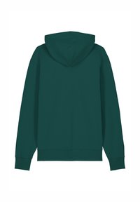 Donkergroen hoodie met een voorzak in kangaroo-stijl, geribbelde manchetten en zoom. Heeft een gevoerde capuchon met een naad in het midden aan de achterkant. Casual ontwerp.