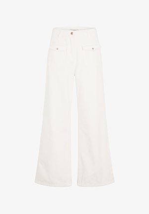 Weite, weiße Baumwollhosen mit zwei vorderen Taschen und quadratischen, goldfarbenen Knöpfen. Glatte Textur und lässiges Design.