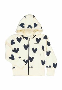 Zip hoodie, krämfärgad tyg med stora marinblå hjärtmönster, långa ärmar, framfickor och en huva med dragsko. Märkesetikett synlig på insidan.
