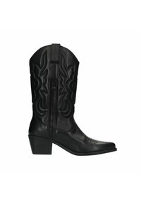 Zwarte leren cowboylaars met spitse neus, gestapelde hak en een ingewikkeld stikpatroon. Voorzien van een zijrits en verhoogde ontwerpaccenten.