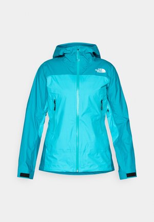 Teal and blue waterproof jacket featuring a hood, zippered front, and two side pockets, designed for outdoor activities.