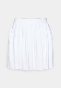 Bílá skládaná sukně vyrobená z hladké látky s přiléhavým pasem. Délka je nad kolena a obsahuje vertikální sklady pro texturu.