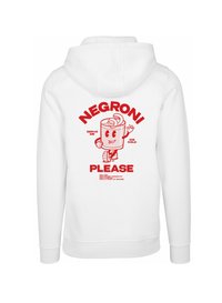 Hvit hettegenser med et leken rødt grafikk av et cocktailglass med armer og et smilende ansikt, teksten lyder "NEGRONI PLEASE."