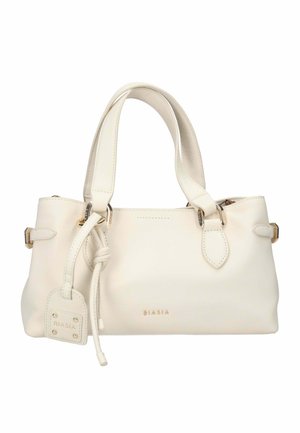 Cream leather handbag with double handles, decorative knot and metal logo plate reading "Biasia" on front.