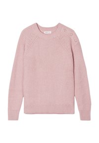 Roze gebreide trui met lange mouwen, geribbelde zoom en knopen op de schouders. Heeft een gestructureerd patroon en een ronde halslijn.