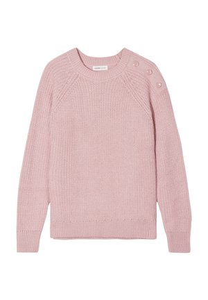 Suéter de punto rosa con mangas largas, dobladillo acanalado y botones en los hombros. Presenta un patrón texturizado y un escote redondo.
