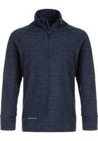 Tummansininen pitkähihaisten pullover-paita, jossa on puolivetoketjukaulus, teksturoitu kangas ja "QUICK DRY" -logo kirkkaan keltaisena vasemmassa alareunassa.