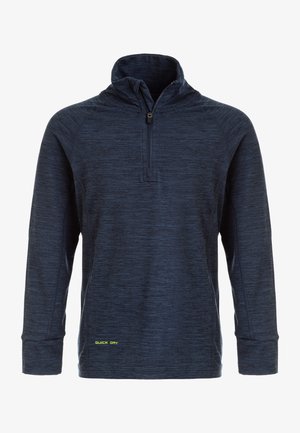 Marineblå langærmet pullover med halvszip-kant, tekstureret stof og "QUICK DRY"-logo i lys gul nederst til venstre.