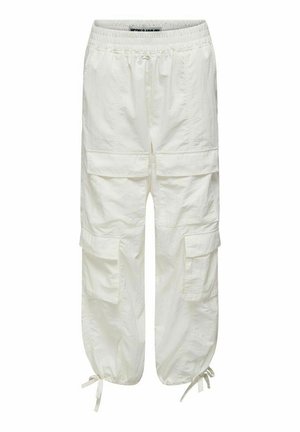 Bílé cargo kalhoty s elastickým pasem, mnoha bočními kapsami a šňůrkami na kotnících. Texturovaná, lehká látka.