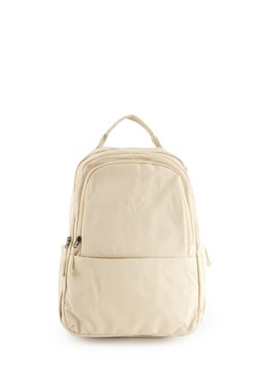 Beige rugzak met twee voorvakjes met rits, een handvat bovenop en het "VENEZIA"-logo in het midden van het bovenste voorvak.