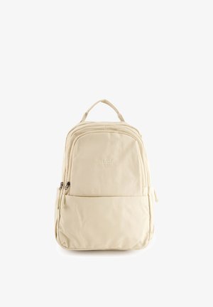 Beigefarbener Rucksack mit zwei vorderen Reißverschlussfächern, einem oberen Griff und dem "VENEZIA"-Logo, das mittig auf der oberen Fronttasche angebracht ist.