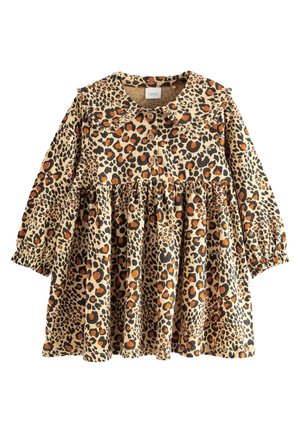 Sukienka dla małego dziecka z długim rękawem, w leopardzi wzór, z przodu zapinana na guziki, z elastycznymi mankietami i szerokim, okrągłym kołnierzykiem.