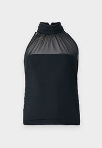 Schwarzes Haltertop mit transparentem Netz-Ausschnitt und gerafftem Stoff. Figurbetonter Schnitt mit glatter Textur und leichter Raffung an den Seiten.