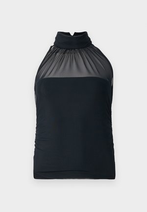 Svart halterneck-topp med genomskinlig mesh-krage och samlad tyg. Fittad design med slät yta och lätt rynkning på sidorna.